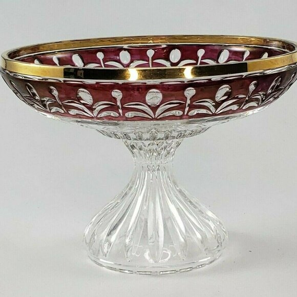 Vintage Anna Hutte Bleikristall Ruby Gold Compote Crystal Pedestal Footed Bowl - Picture 2 of 7